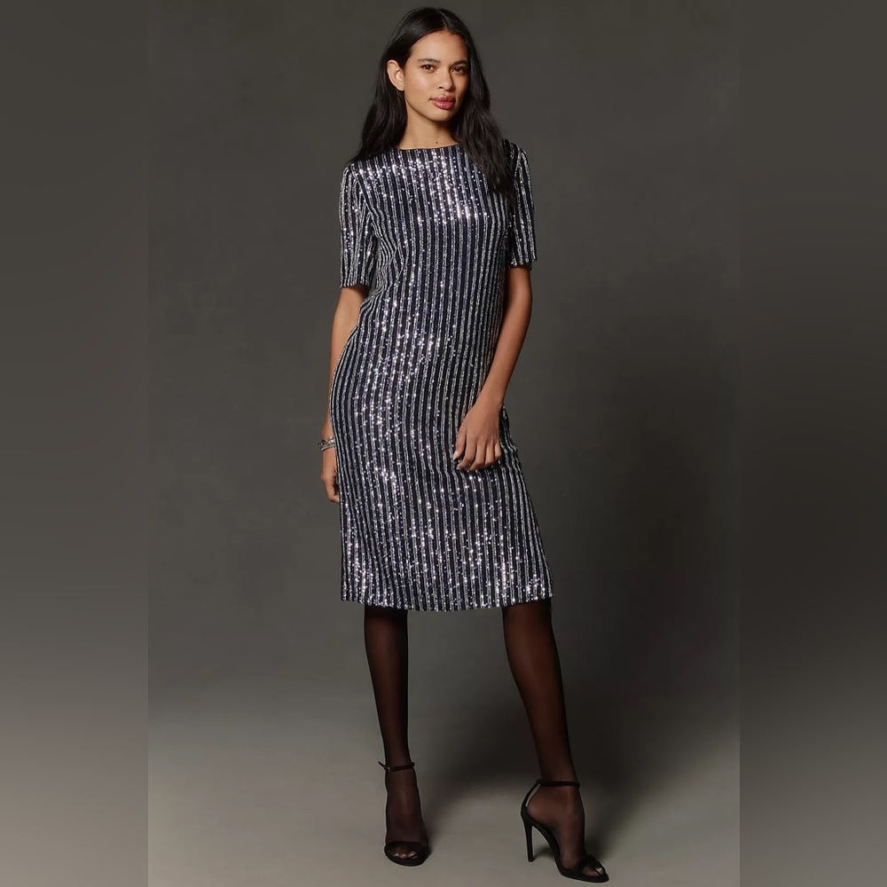 Anthropologie Flat White Short-Sleeve Sequin Stripe Midi Dress MP